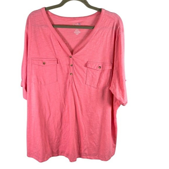 Croft & Barrow Womens Plus Size 3X Coral Pink V Neck 3/4 Sleeve Button Top - Picture 1 of 11